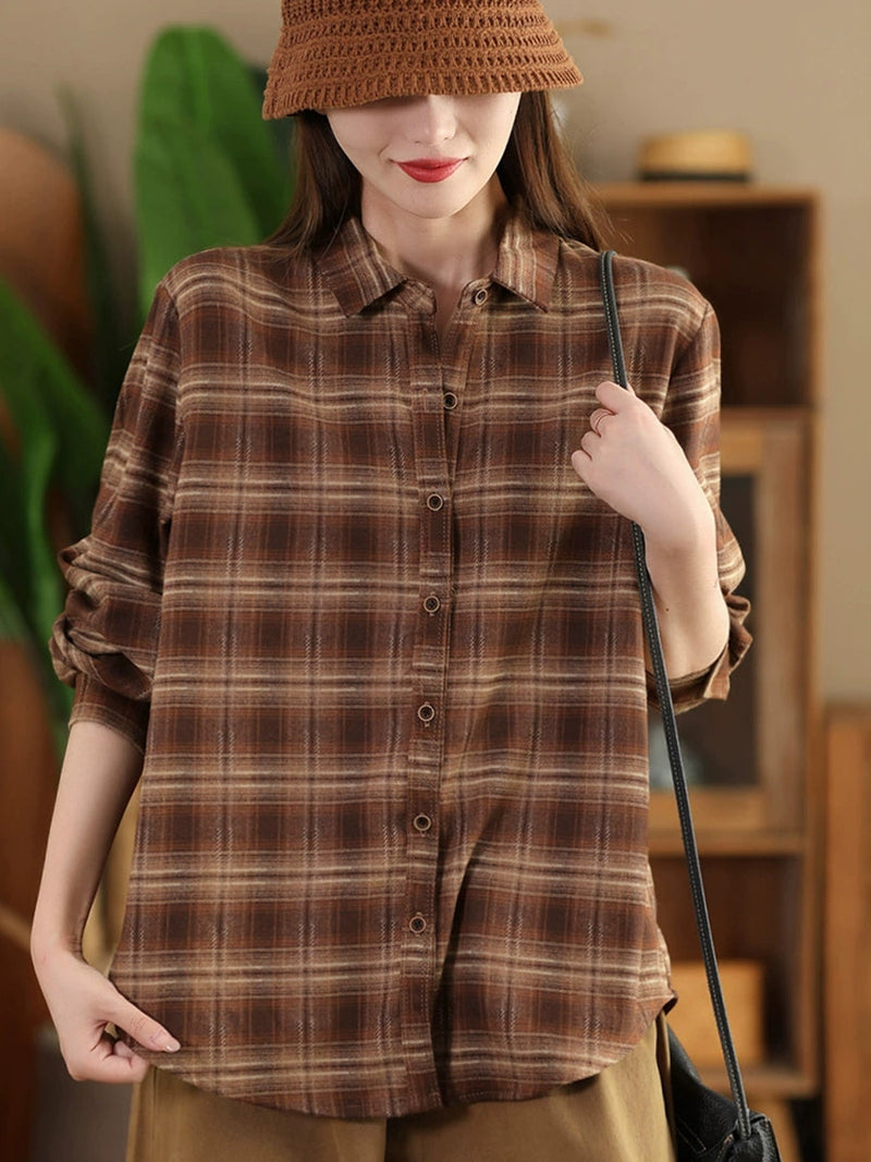 Autumn Plaid Button-up Cotton Blouse Ai1031