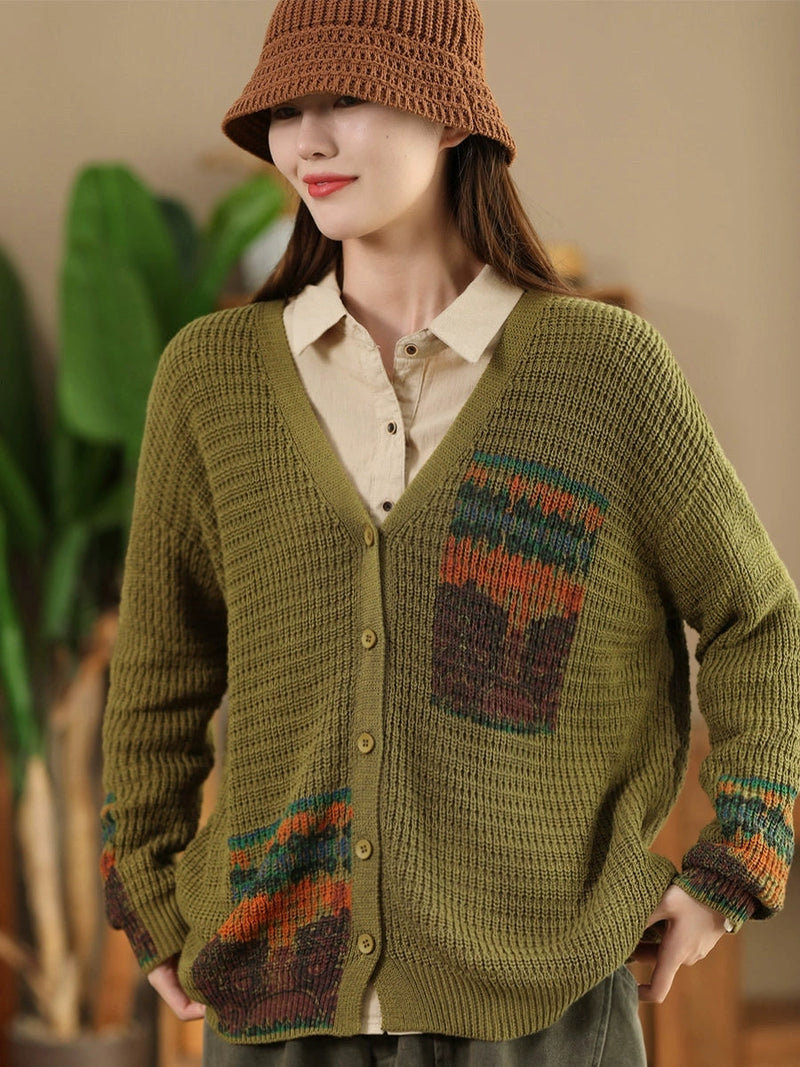 Artsy Print Knit V-neck Cardigan Sweater Ah1012