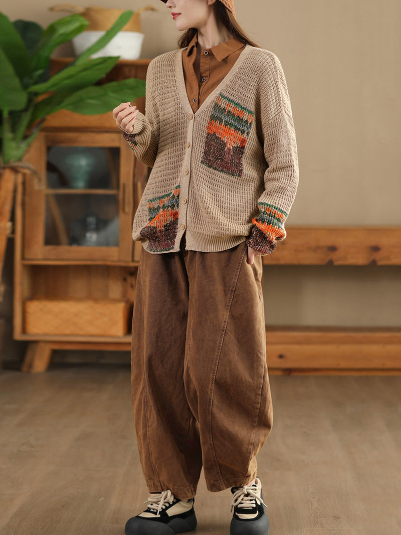 Artsy Print Knit V-neck Cardigan Sweater Ah1012