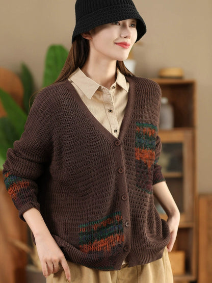 Artsy Print Knit V-neck Cardigan Sweater Ah1012