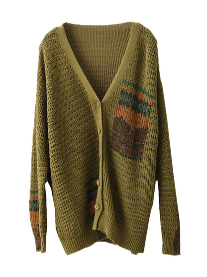 Artsy Print Knit V-neck Cardigan Sweater Ah1012