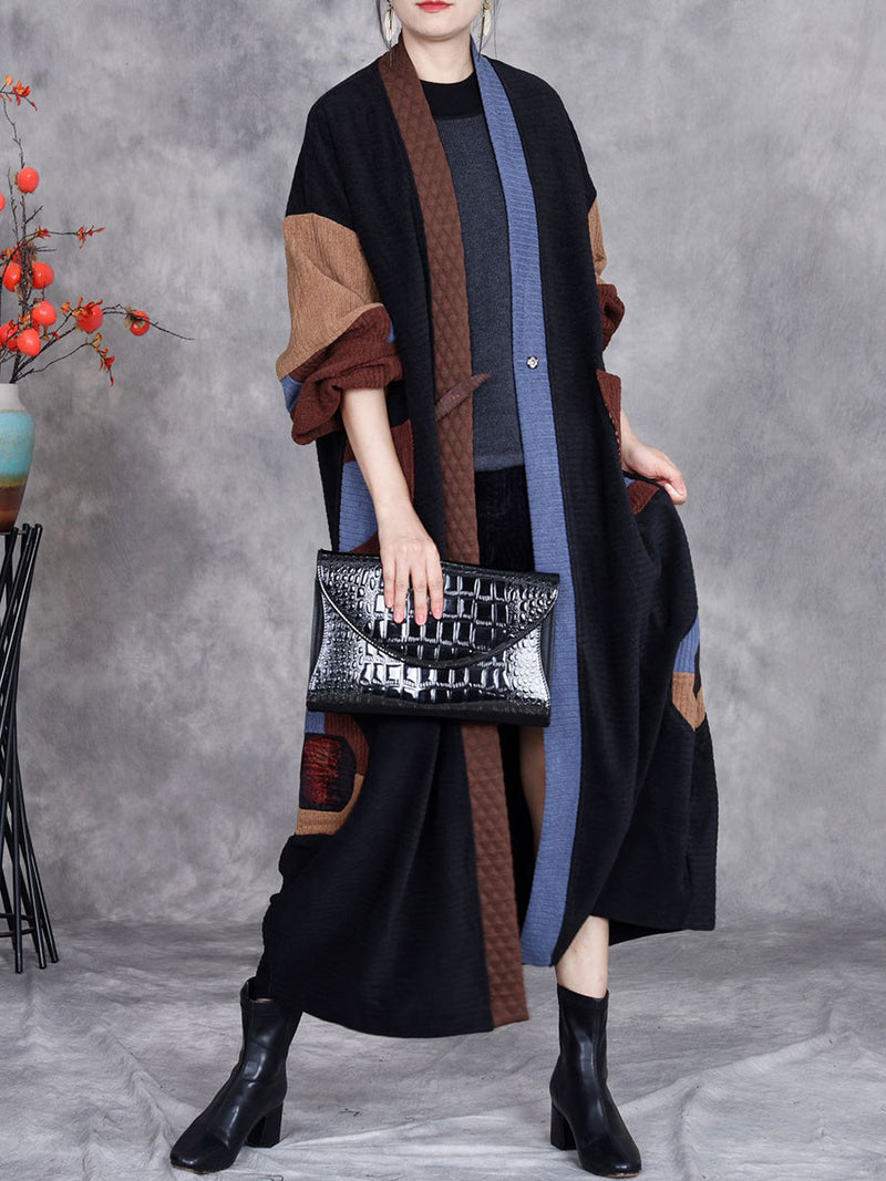 Winter Artsy Colorblock Cardigan Long Coat Ah1020