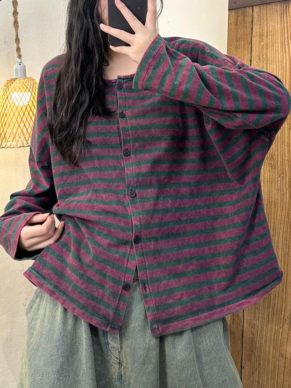 Autumn Stripe Colorblock O-neck Button Blouse Ah1061