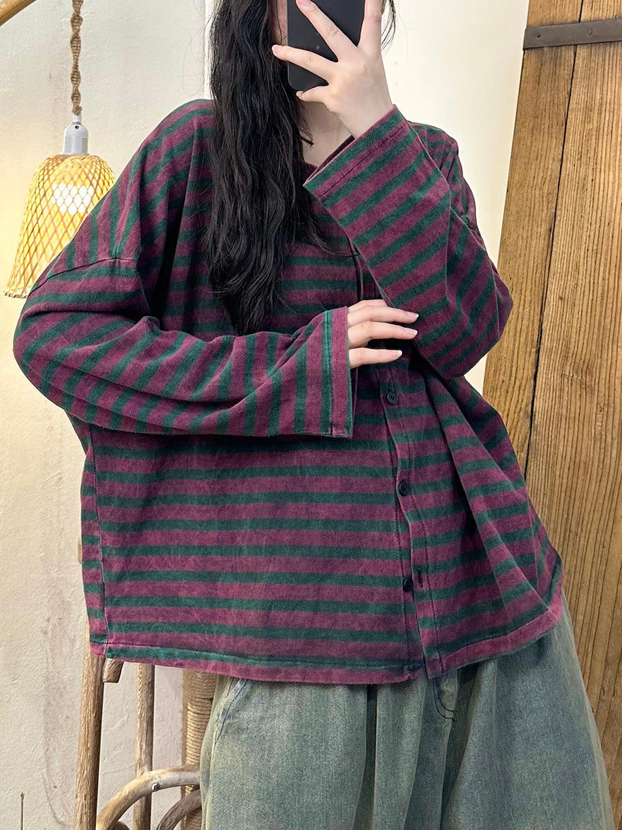 Autumn Stripe Colorblock O-neck Button Blouse Ah1061