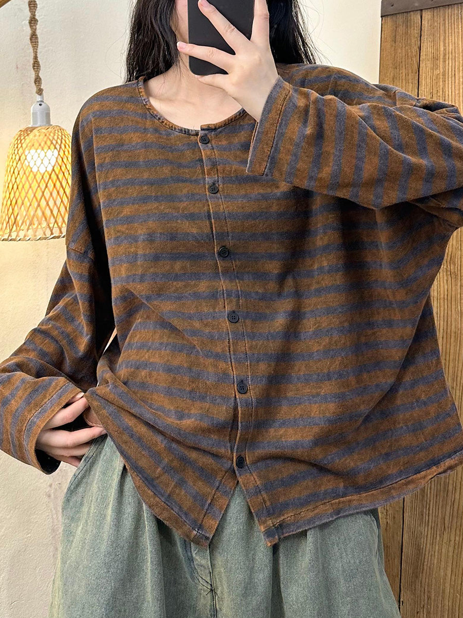 Autumn Stripe Colorblock O-neck Button Blouse Ah1061