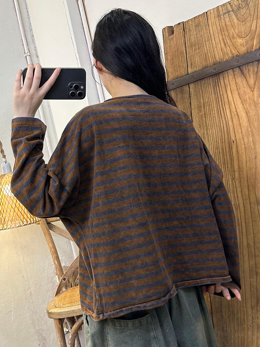 Autumn Stripe Colorblock O-neck Button Blouse Ah1061