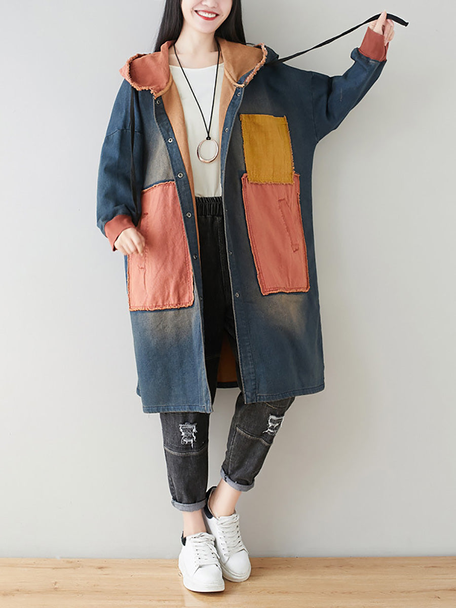 Autumn Artsy Colorblock Denim Hooded Coat Ah1031