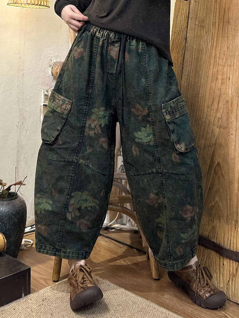 Autumn Retro Flower Denim Spliced Harem Pants Ak1019