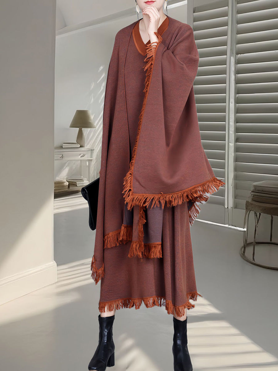 Colorblock Tassel Wool Knit Cardigan Shawl Ah1074