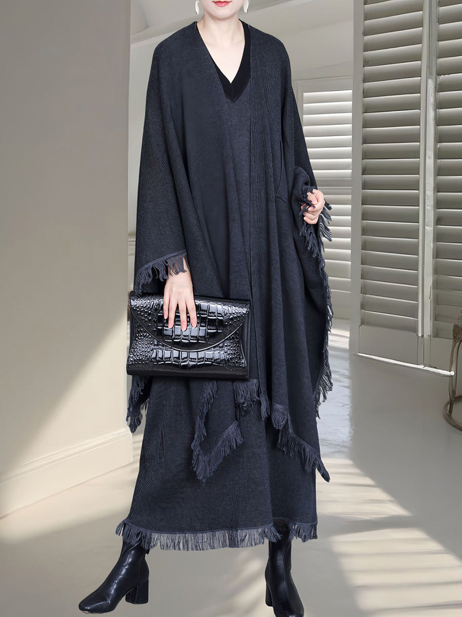 Colorblock Tassel Wool Knit Cardigan Shawl Ah1074