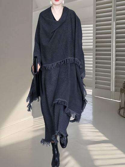 Colorblock Tassel Wool Knit Cardigan Shawl Ah1074