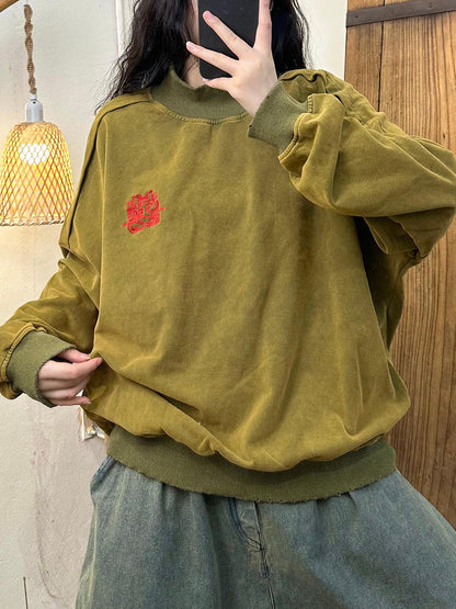 Autumn Embroidery Cotton Turtleneck Sweatshirt Ak1030