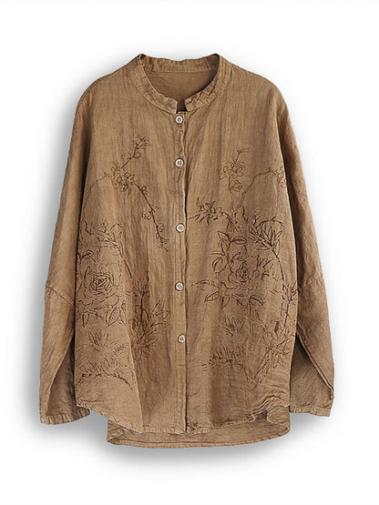 Autumn Retro Flower Button-up Cotton Blouse Ak1042