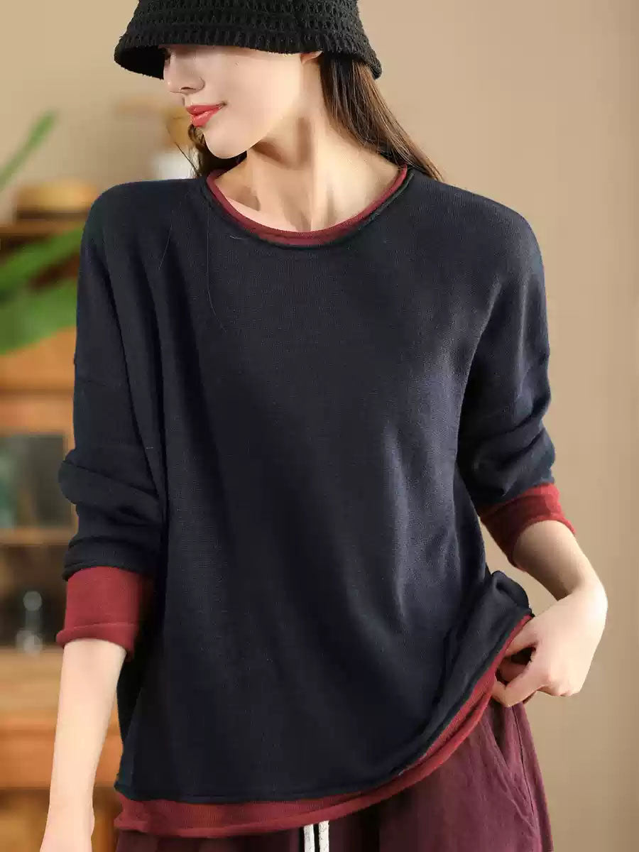 Autumn Colorblock O-neck Blouse Ax1034