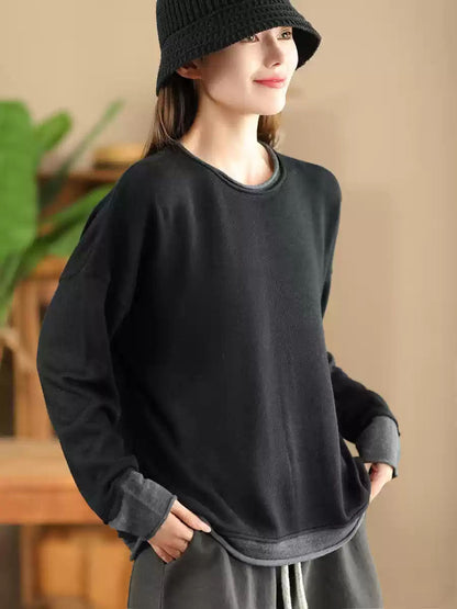 Autumn Colorblock O-neck Blouse Ax1034
