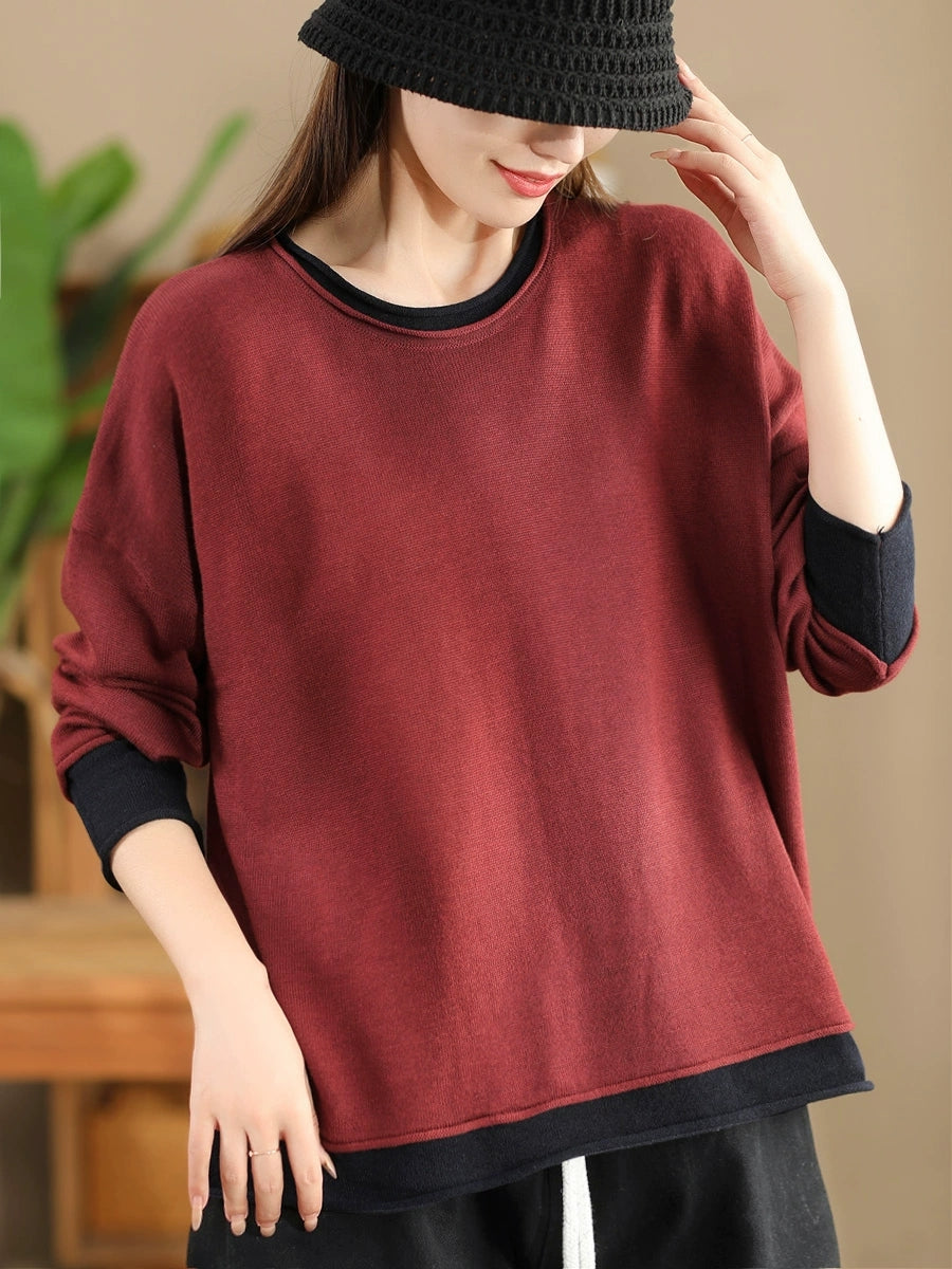 Autumn Colorblock O-neck Blouse Ax1034