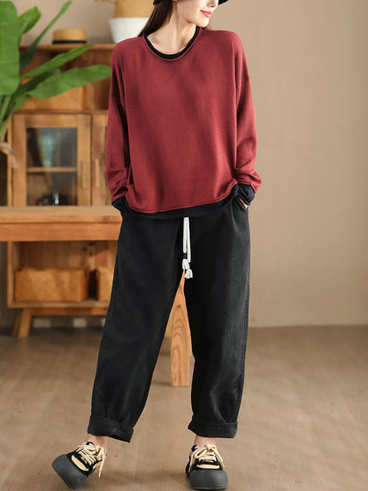 Autumn Colorblock O-neck Blouse Ax1034