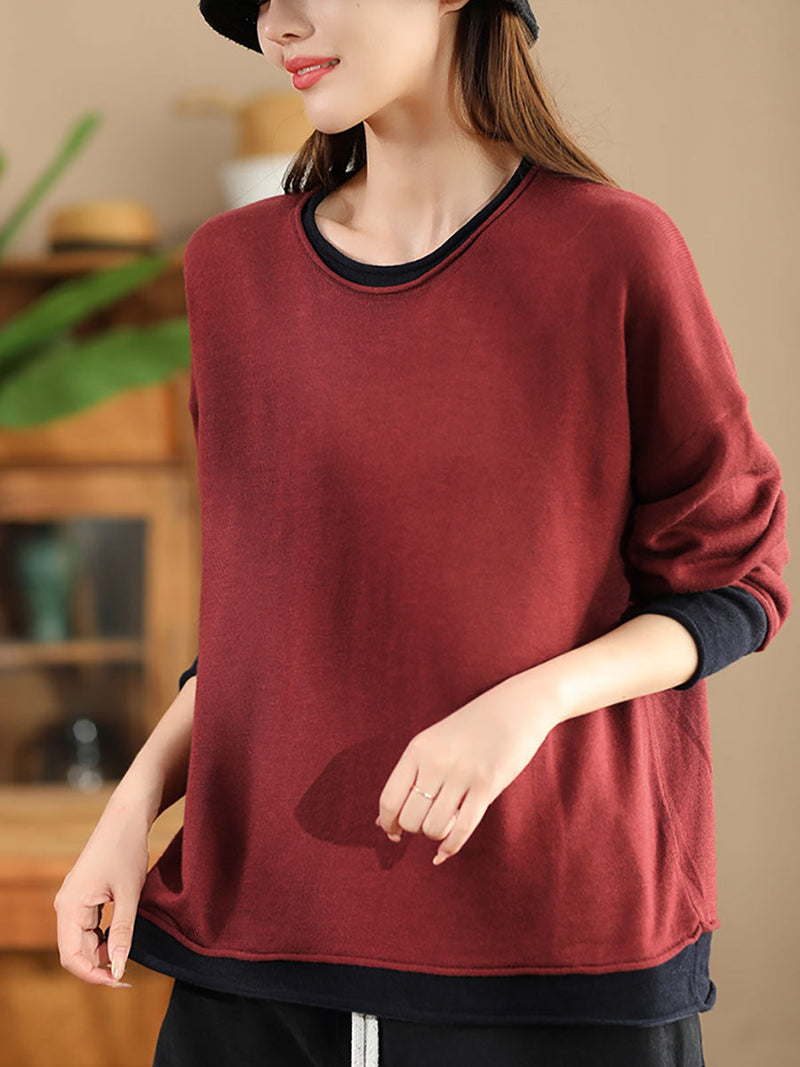 Autumn Colorblock O-neck Blouse Ax1034