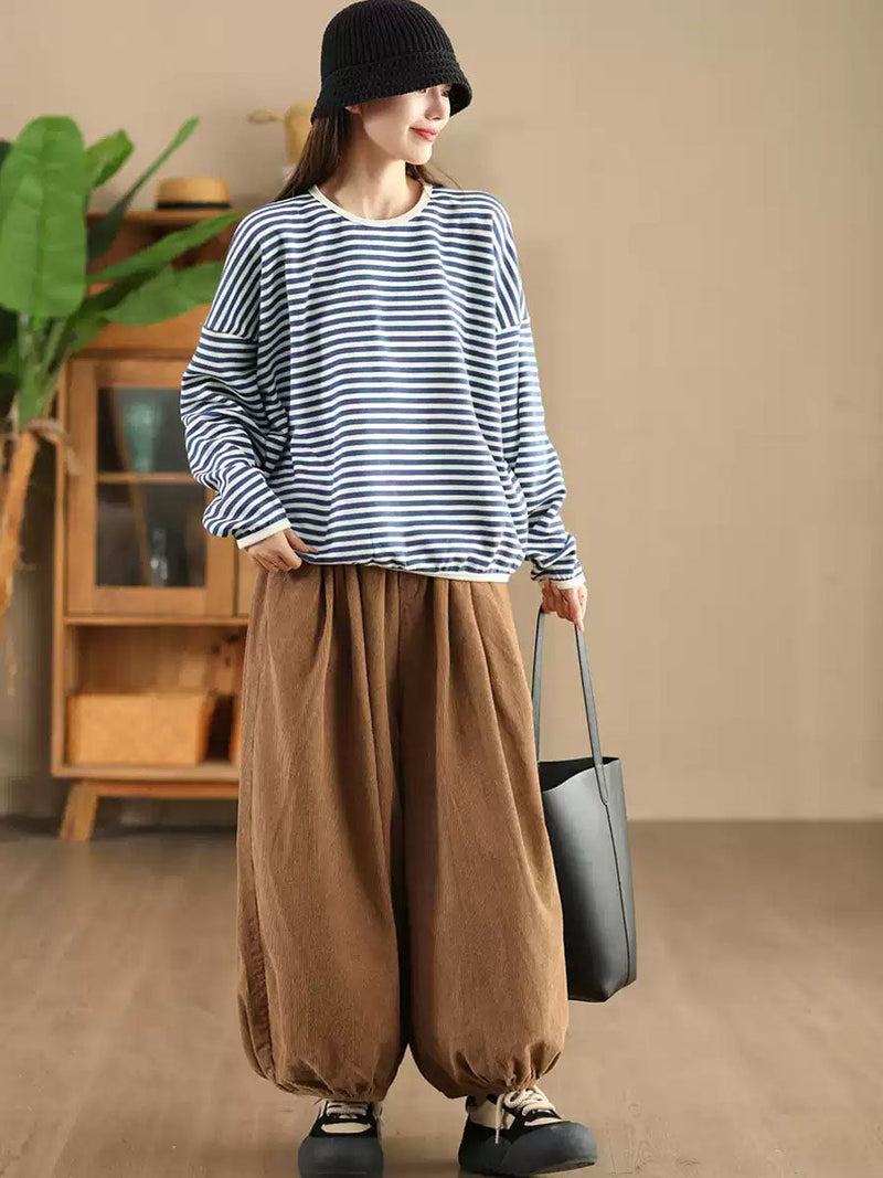 Autumn Stripe O-neck Cotton Blouse Ax1035