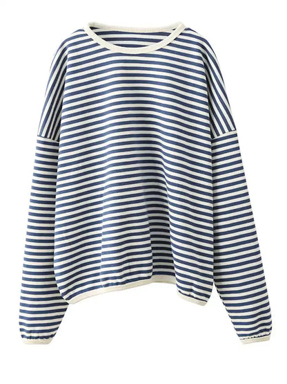 Autumn Stripe O-neck Cotton Blouse Ax1035