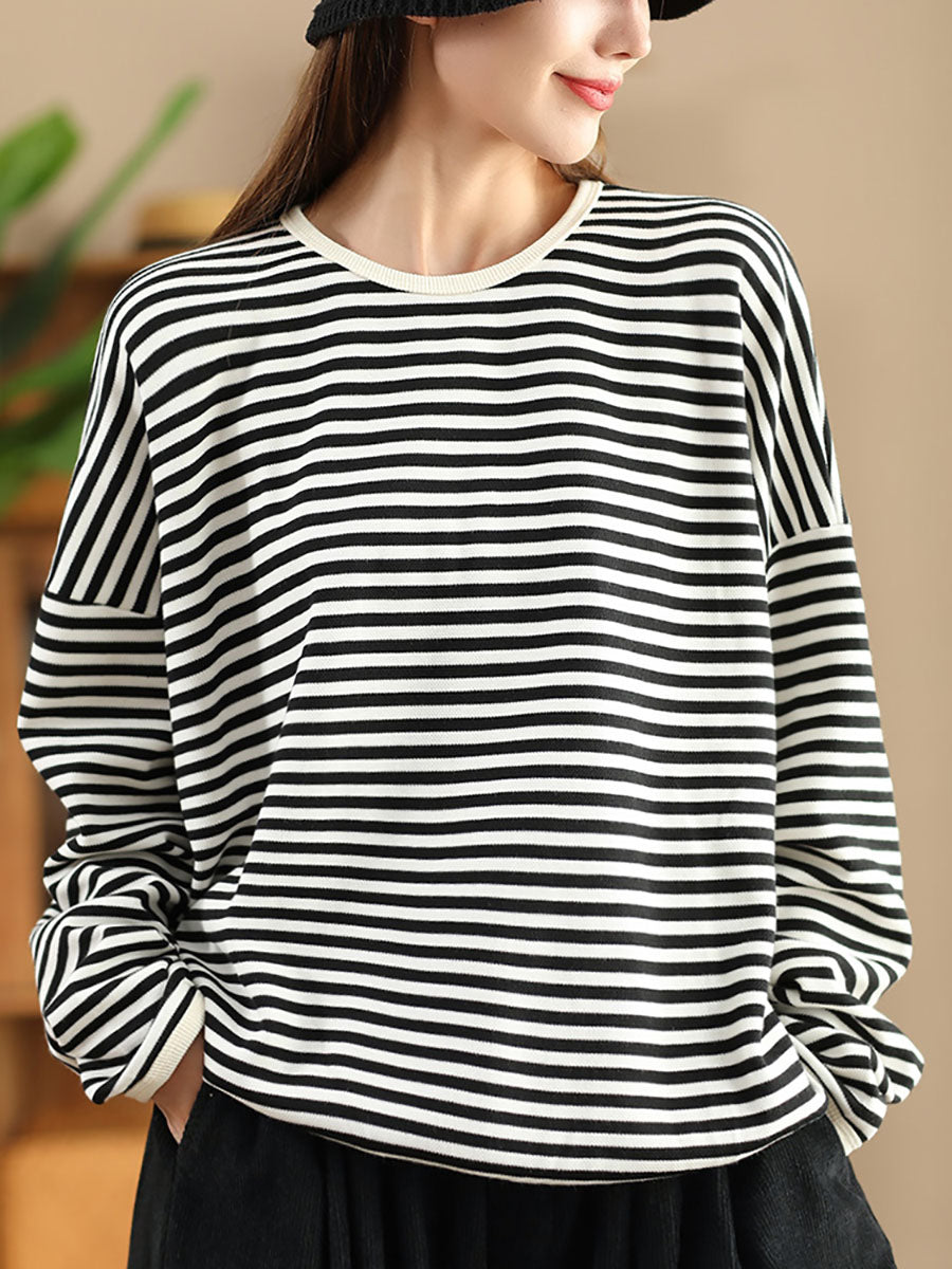 Autumn Stripe O-neck Cotton Blouse Ax1035