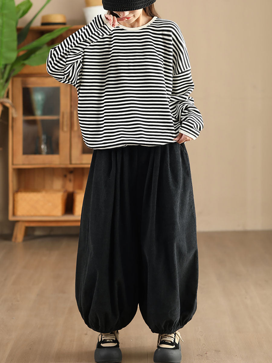 Autumn Stripe O-neck Cotton Blouse Ax1035