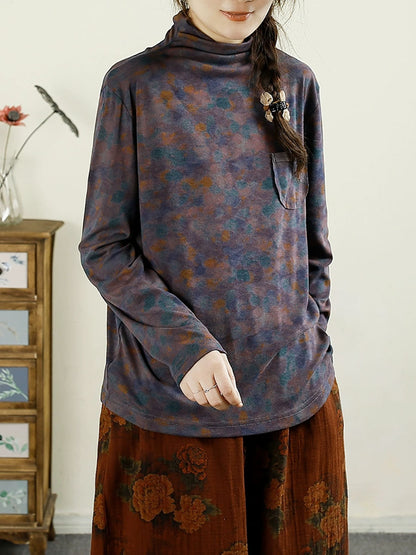 Autumn Artsy Turtleneck Pocket Cotton Blouse Ax1043