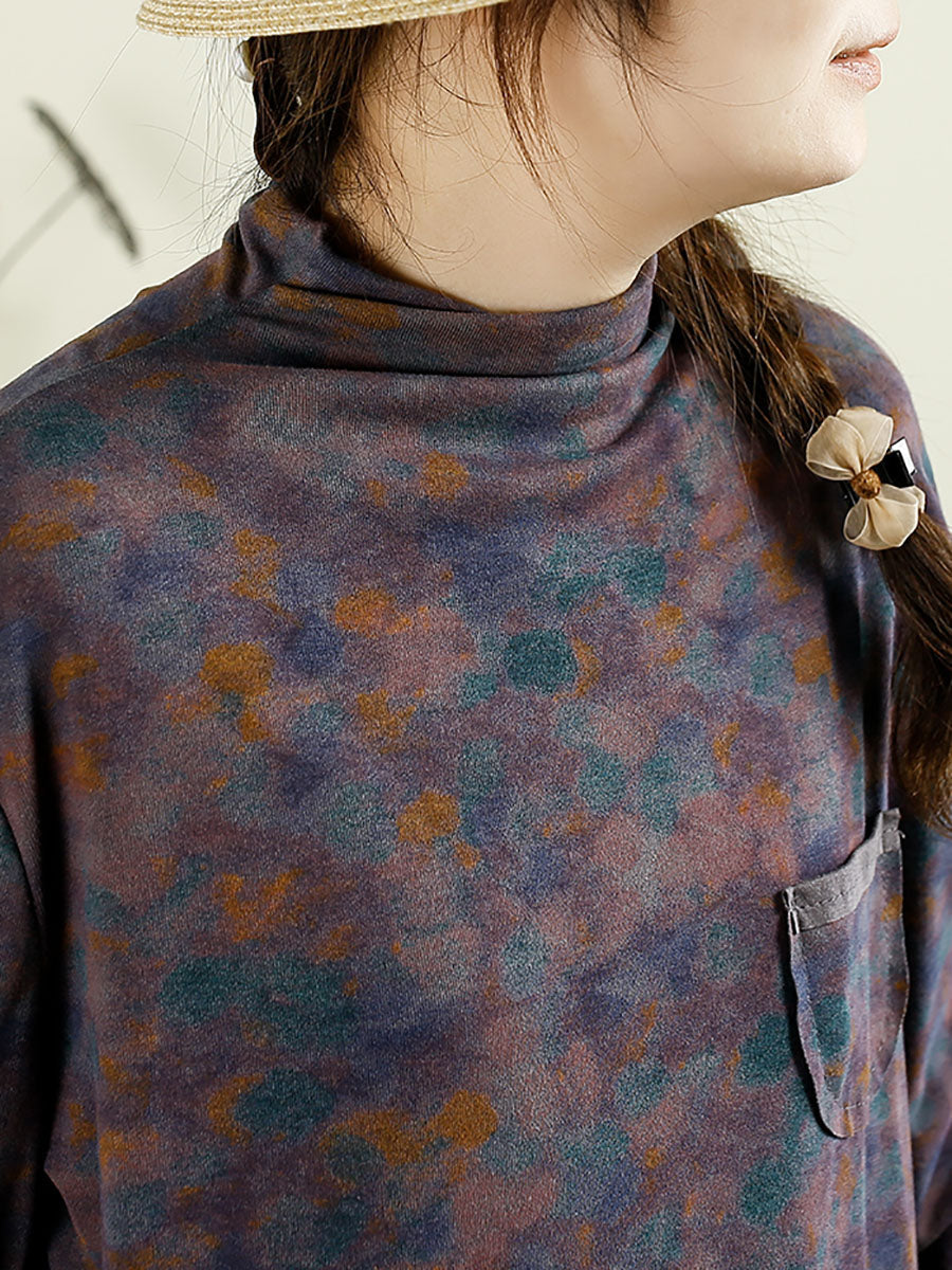 Autumn Artsy Turtleneck Pocket Cotton Blouse Ax1043