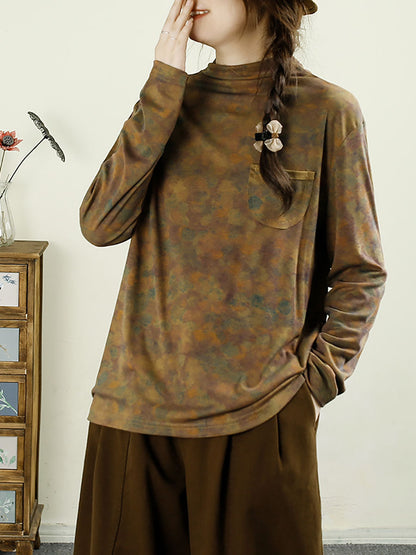 Autumn Artsy Turtleneck Pocket Cotton Blouse Ax1043