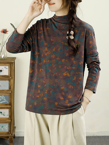 Autumn Artsy Turtleneck Pocket Cotton Blouse Ax1043