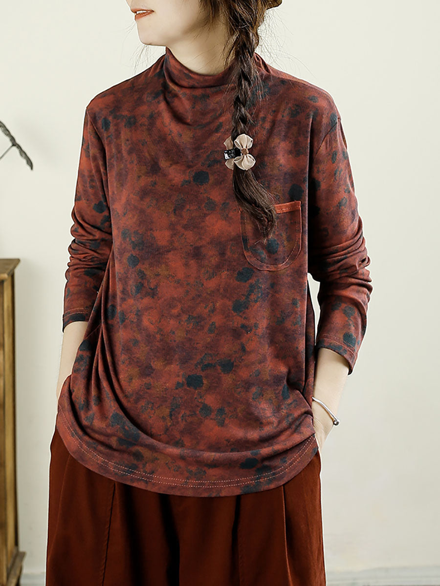 Autumn Artsy Turtleneck Pocket Cotton Blouse Ax1043