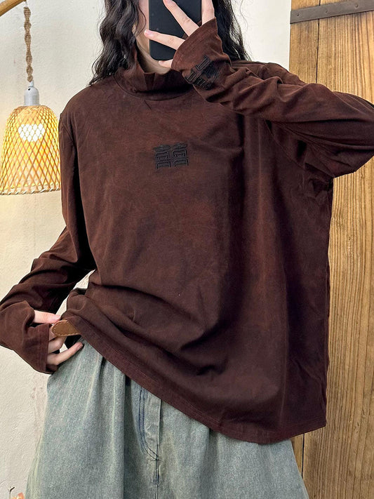 Autumn Embroidery Turtleneck Cotton Sweatshirt Ax1022