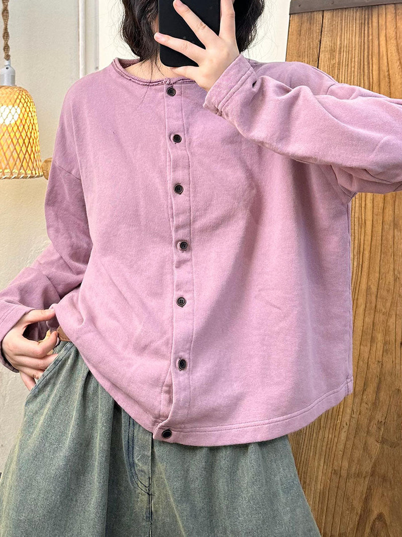Autumn O-neck Button Cotton Blouse Av1015