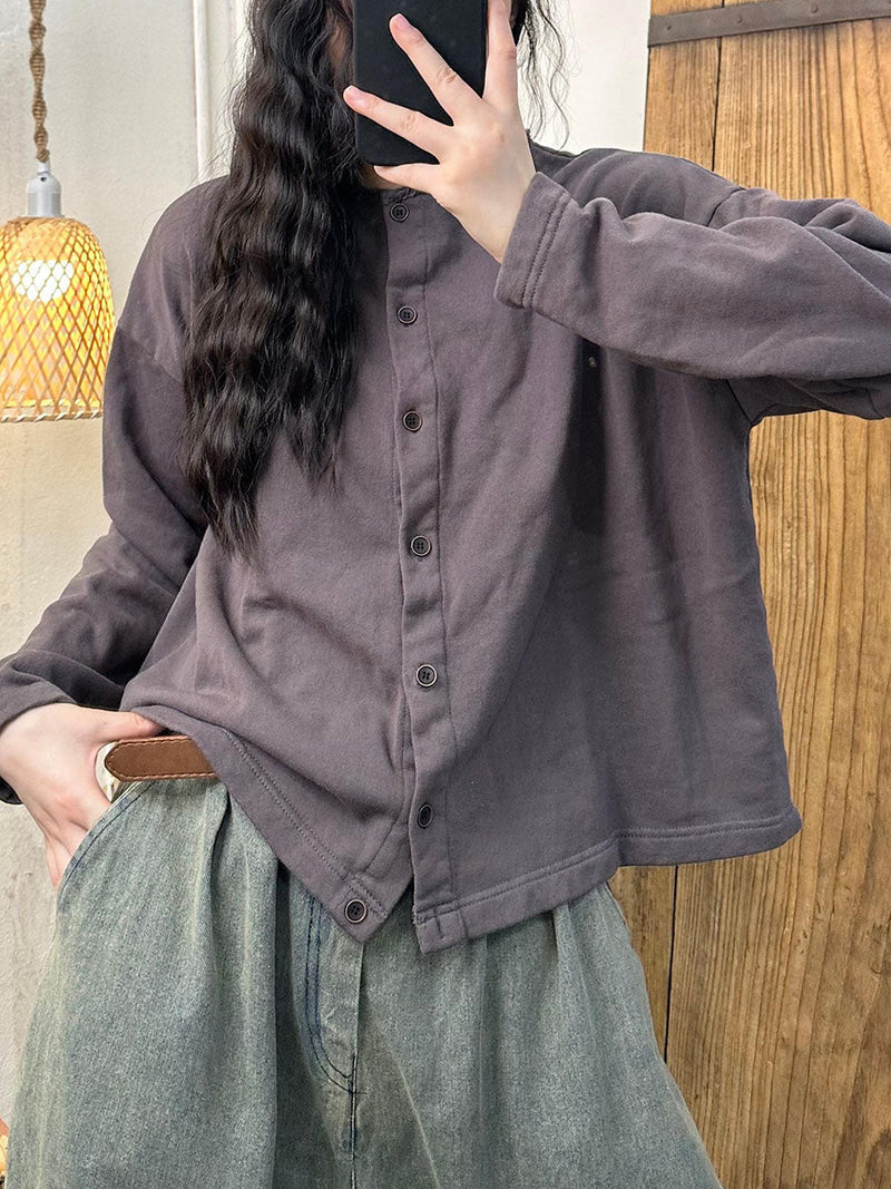 Autumn O-neck Button Cotton Blouse Av1015