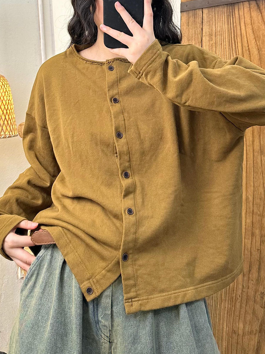 Autumn O-neck Button Cotton Blouse Av1015