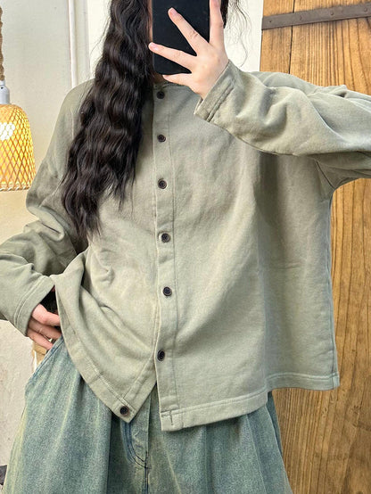 Autumn O-neck Button Cotton Blouse Av1015