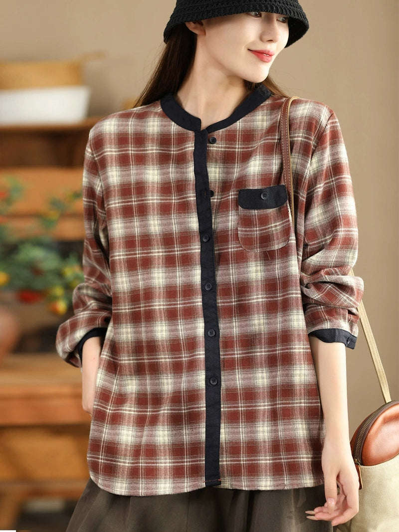 Autumn Plaid Cotton Colorblock Shirt Coat Av1034