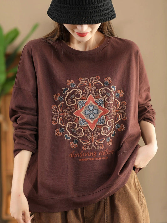 Autumn Flower Embroidery O-neck Cotton Sweatshirt Wg034