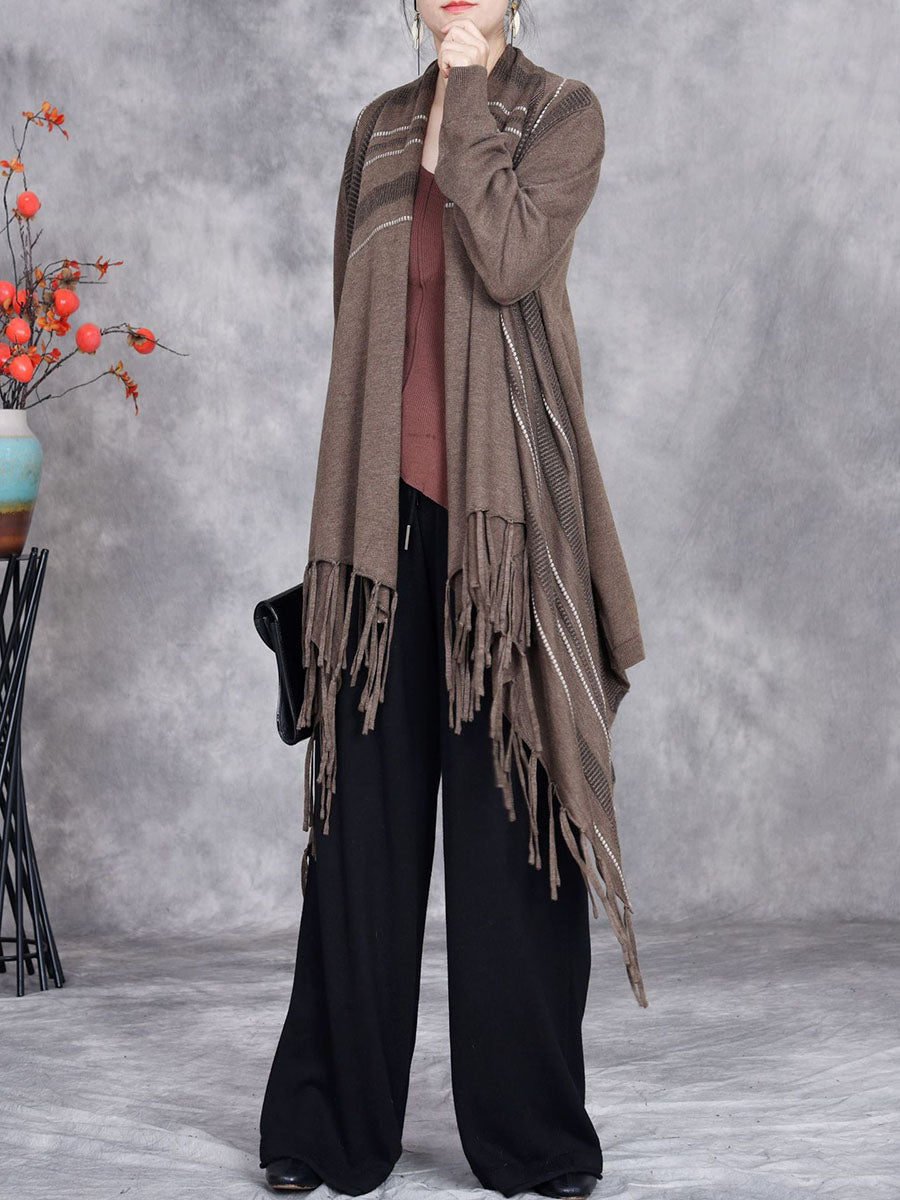 Autumn Artsy Stripe Knitted Tassel Cardigan Coat Wg032