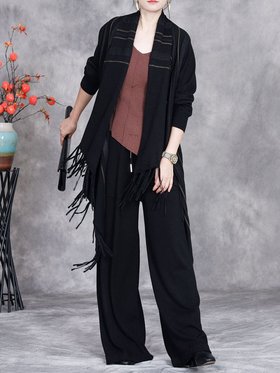 Autumn Artsy Stripe Knitted Tassel Cardigan Coat Wg032
