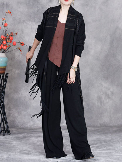 Autumn Artsy Stripe Knitted Tassel Cardigan Coat Wg032