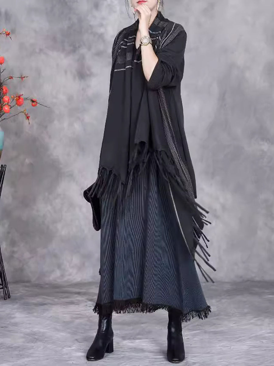Autumn Artsy Stripe Knitted Tassel Cardigan Coat Wg032