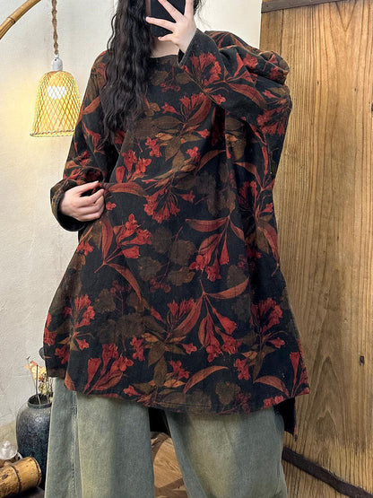 Retro Autumn Flower O-neck Cotton Long Blouse Av1066