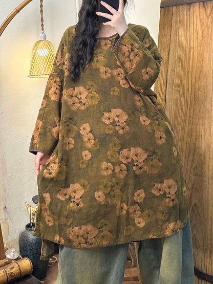 Retro Autumn Flower O-neck Cotton Long Blouse Av1066