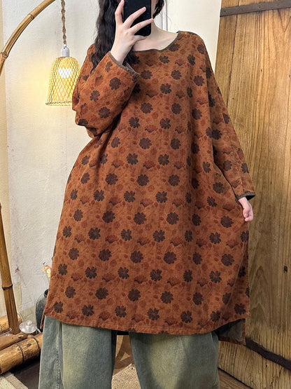 Retro Autumn Flower O-neck Cotton Long Blouse Av1066