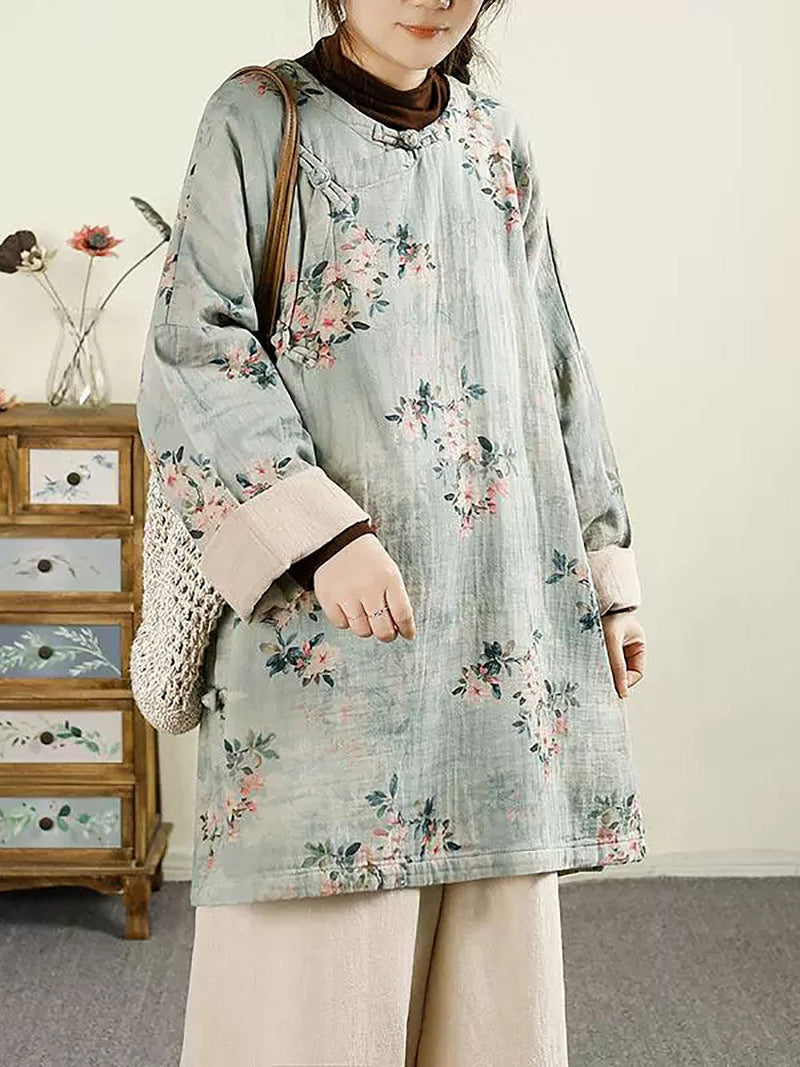 Autumn Flower O-neck Cotton Blouse Av1060