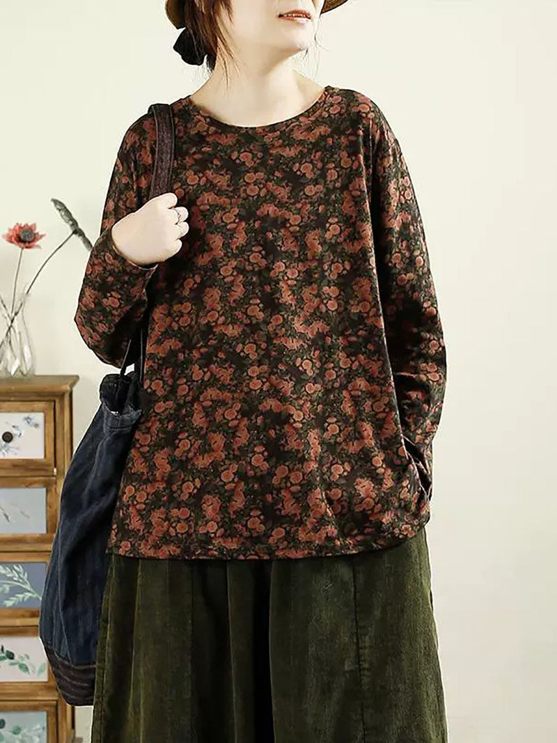 Autumn Flower O-neck Cotton Blouse Av1051