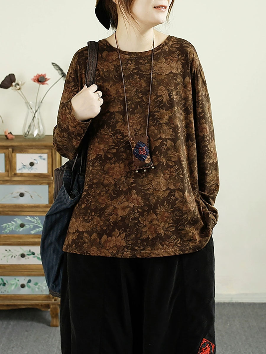 Autumn Flower O-neck Cotton Blouse Av1051