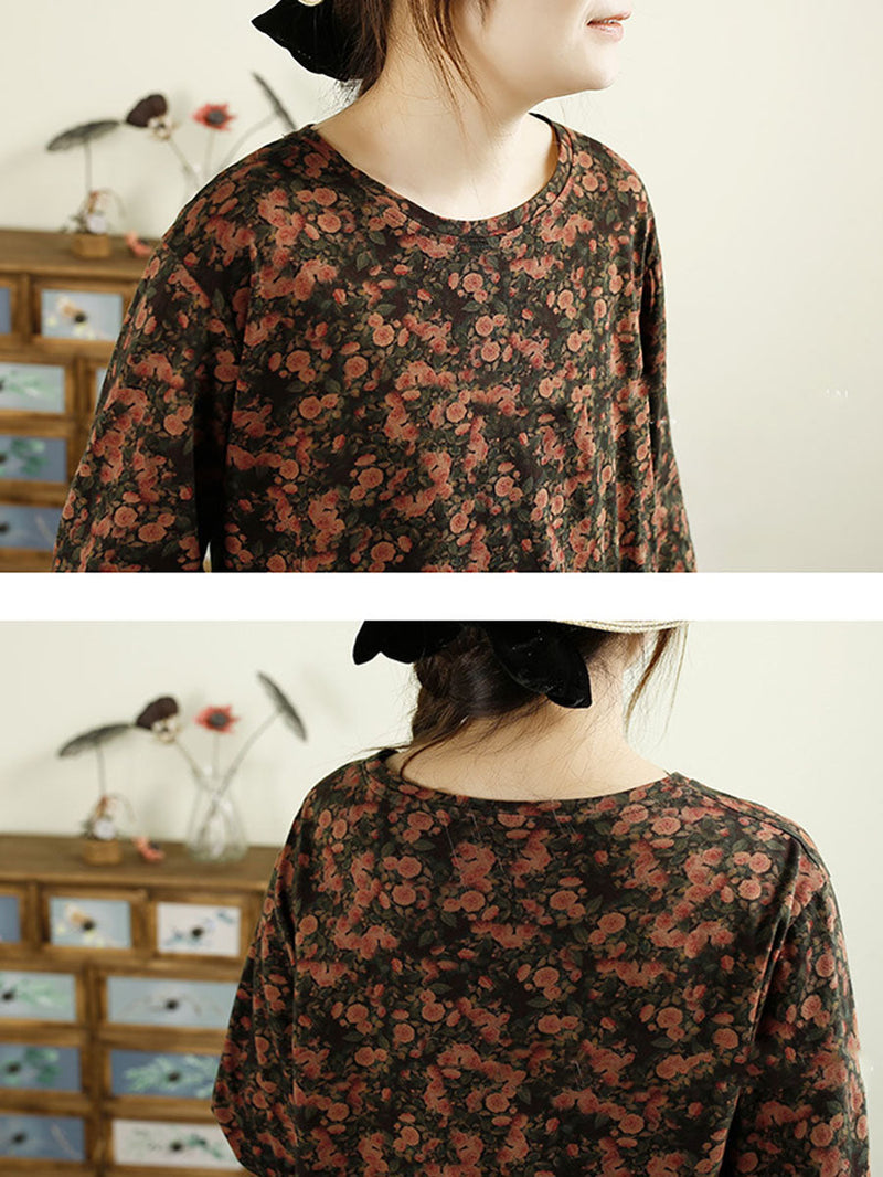 Autumn Flower O-neck Cotton Blouse Av1051
