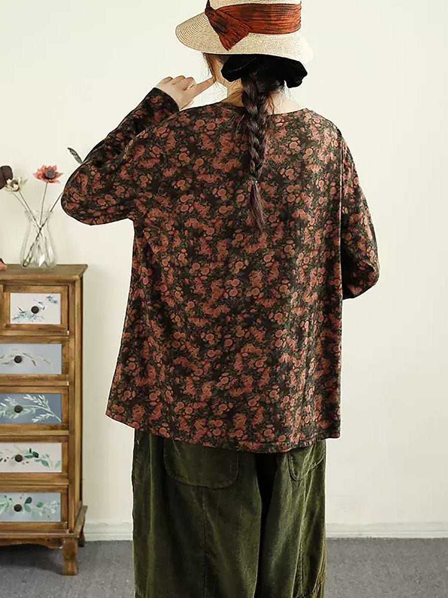 Autumn Flower O-neck Cotton Blouse Av1051
